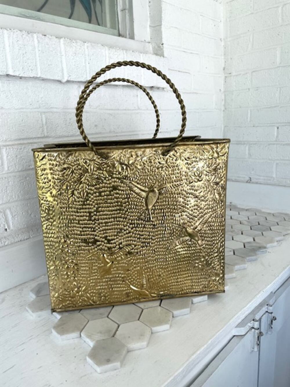 Vintage Embossed Brass Magazine Rack Hummingbird Floral Twisted Handles